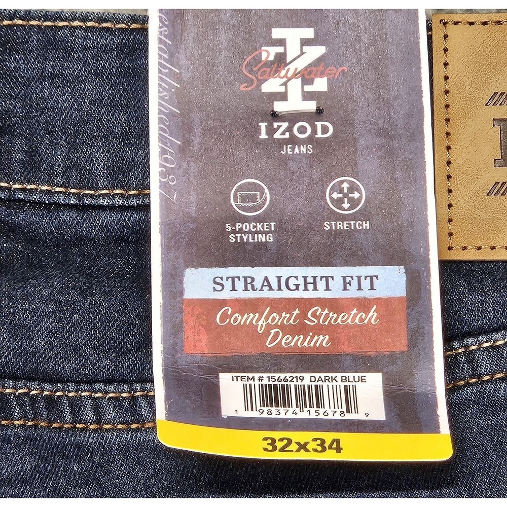 IZOD Saltwater Jeans Men's 32x34 Straight Fit Comfort Stretch Dark Wash Denim - Picture 9 of 13